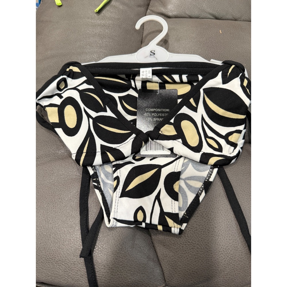 New Abstract Leaf‎ Print Triangle Bikini Set Black White Tan Side Tie Small